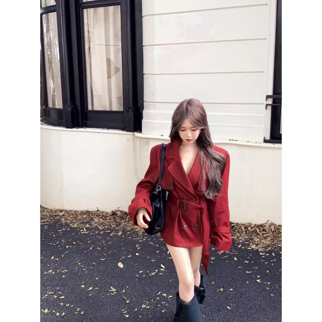 Angola red mid-length windbreaker jacket for women autumn new loose slim double-breasted long-sleeved cardigan top trendy