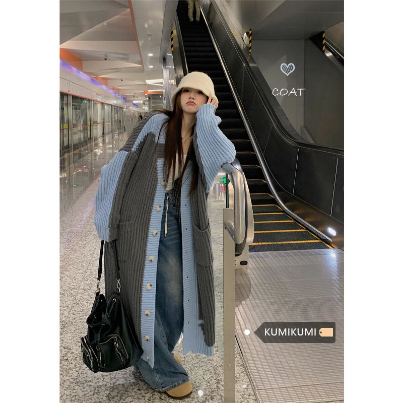 New design color matching sweater coat for women, autumn long, knee-length, loose,