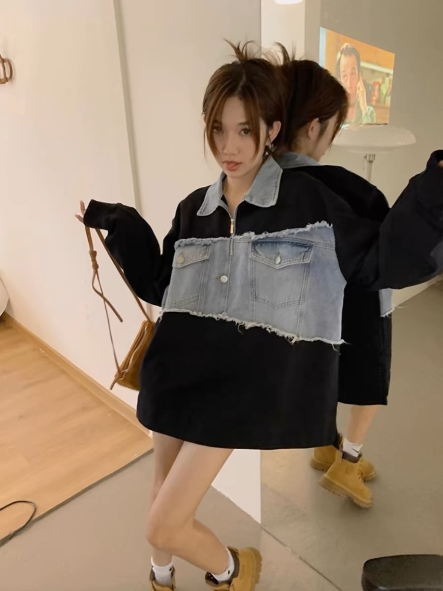 Extra large size 300 catties black denim patchwork polo collar long-sleeved sweatshirt spring Hong Kong style niche loose top for women