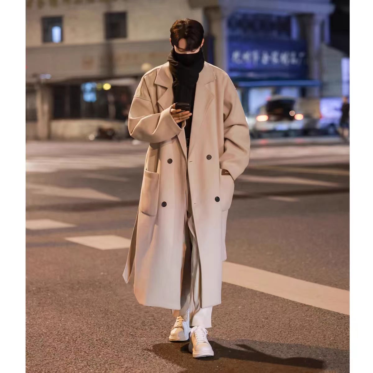 Black mid-length woolen coat for men, autumn and winter American style, British style