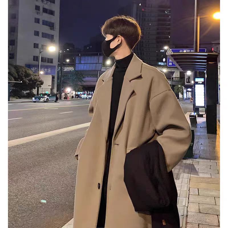 Black mid-length woolen coat for men, autumn and winter American style, British style