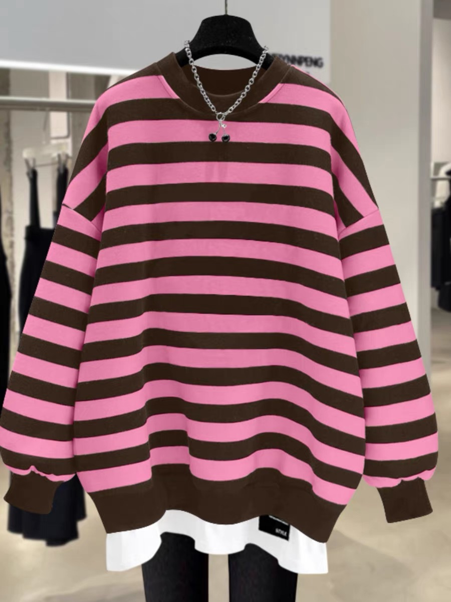 Round neck striped polo neck long-sleeved sweatshirt Spring Hong Kong style niche loose top for women