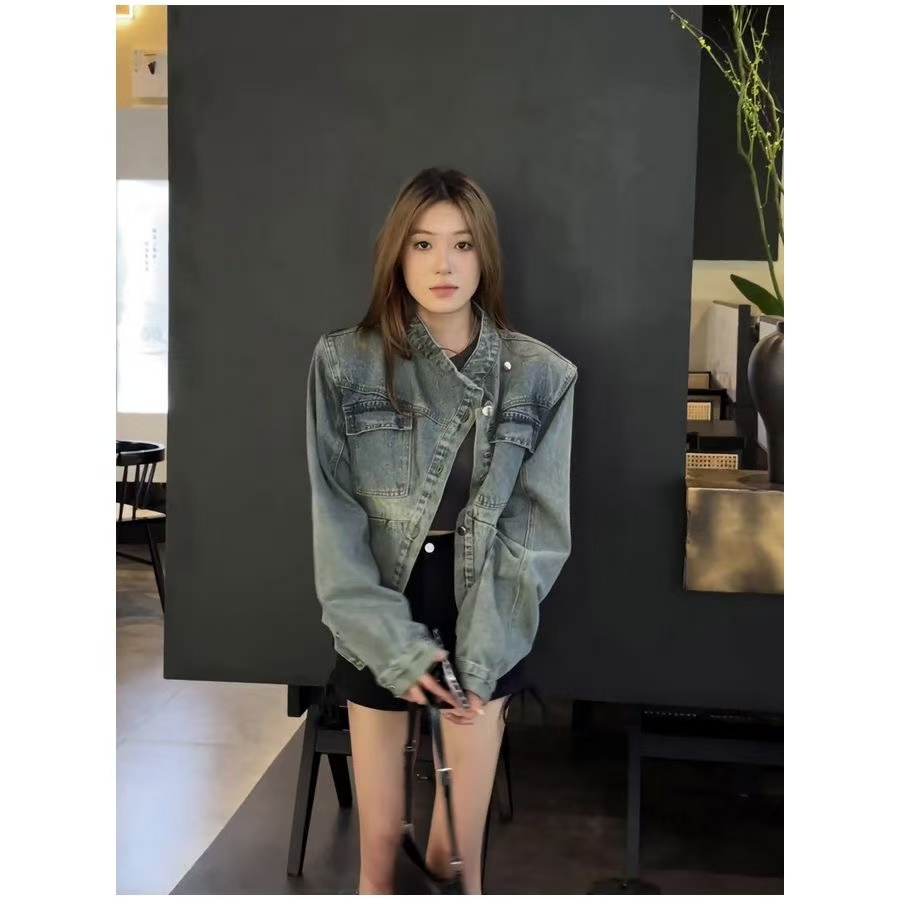 American retro distressed loose long-sleeved denim jacket for women autumn niche design high-end stand collar jacket top