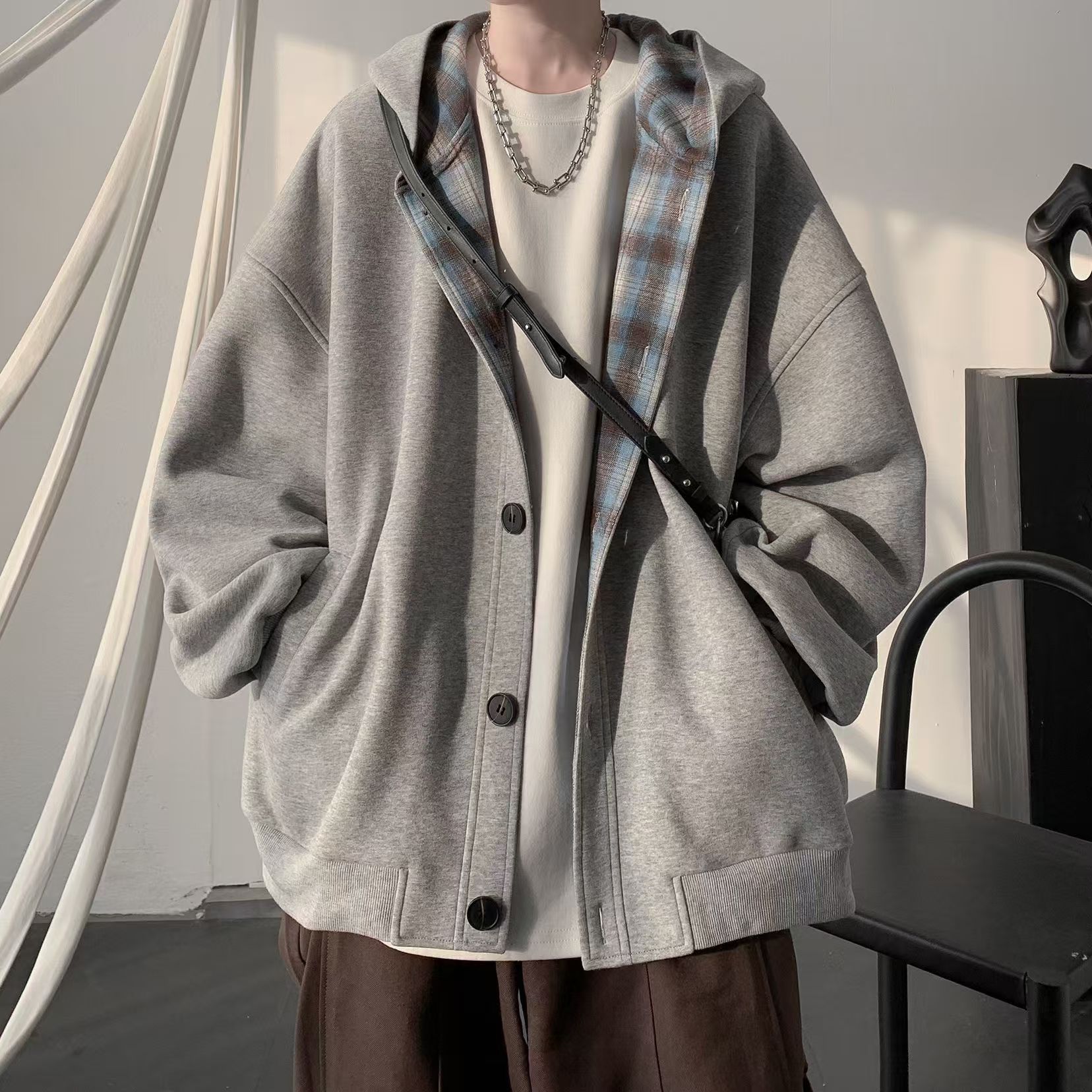 Splicing plaid hooded plus velvet sweater men's autumn and winter trendy high-end design cardigan jacket loose heavy clothes