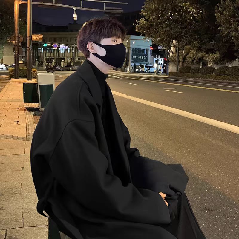 Black mid-length woolen coat for men, autumn and winter American style, British style