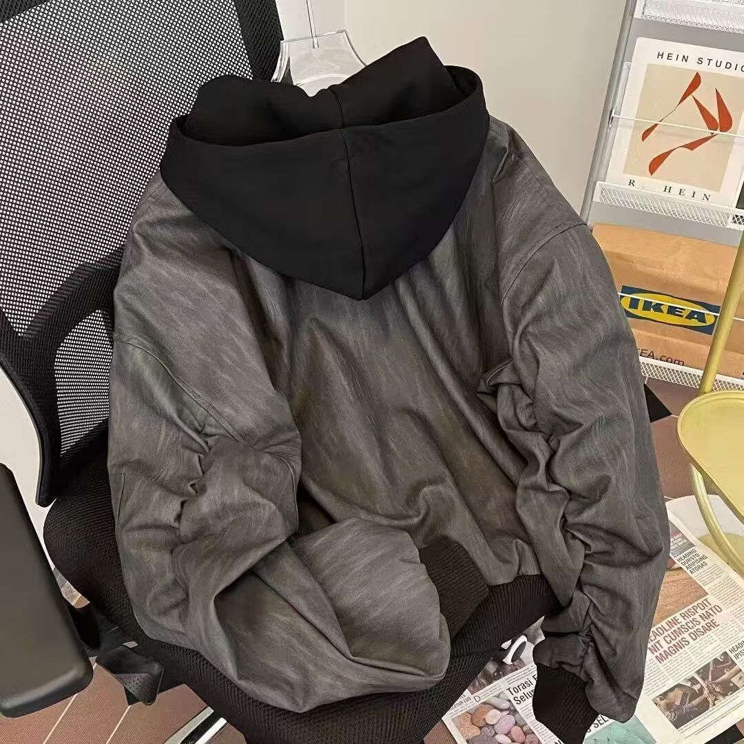 High-grade black and gray textured zipper hooded fake two-piece leather jacket men's street style loose versatile coat pu leather jacket