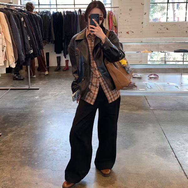 2024 new motorcycle retro jacket long sleeve loose top for women