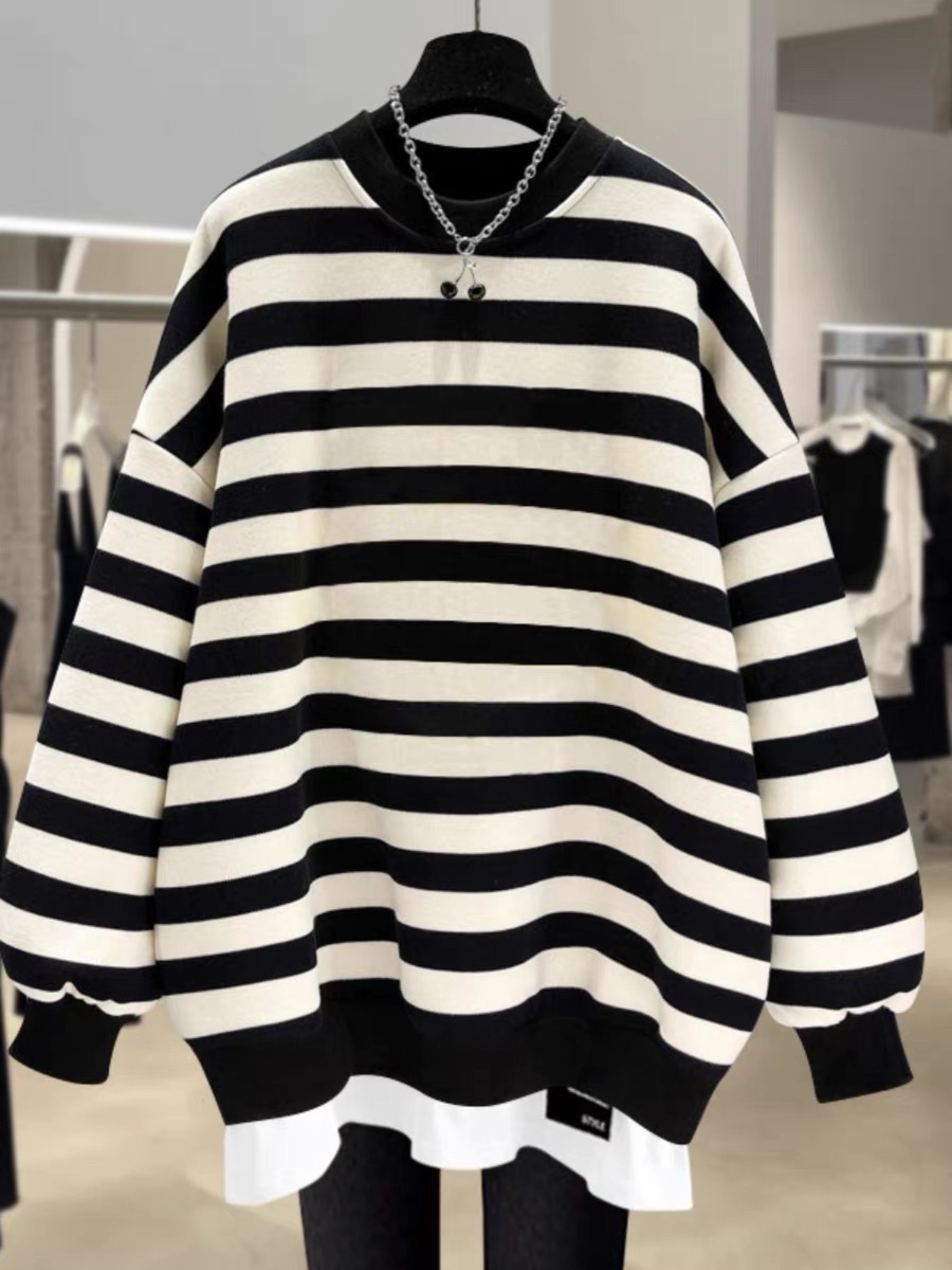 Round neck striped polo neck long-sleeved sweatshirt Spring Hong Kong style niche loose top for women