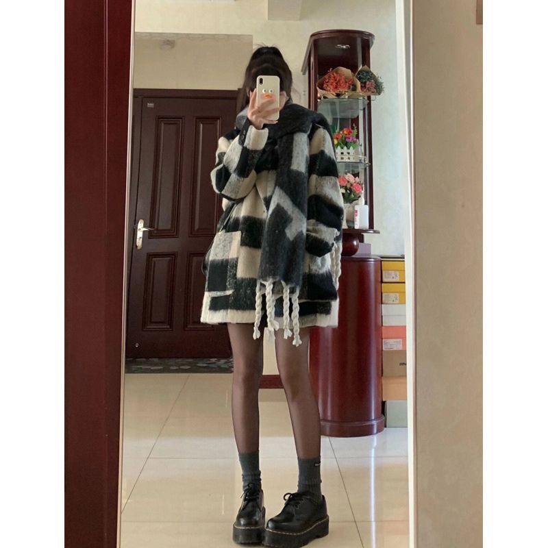 Plaid woolen coat for women 2024 autumn and winter new woolen coat for small size