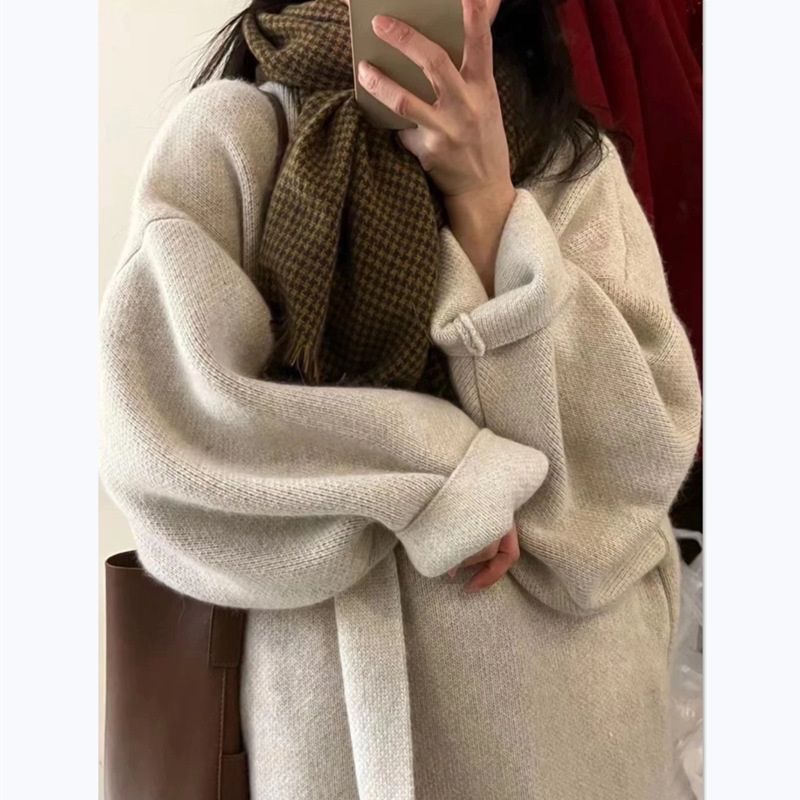 Mid-length cardigan sweater coat for women, lazy style in spring and autumn