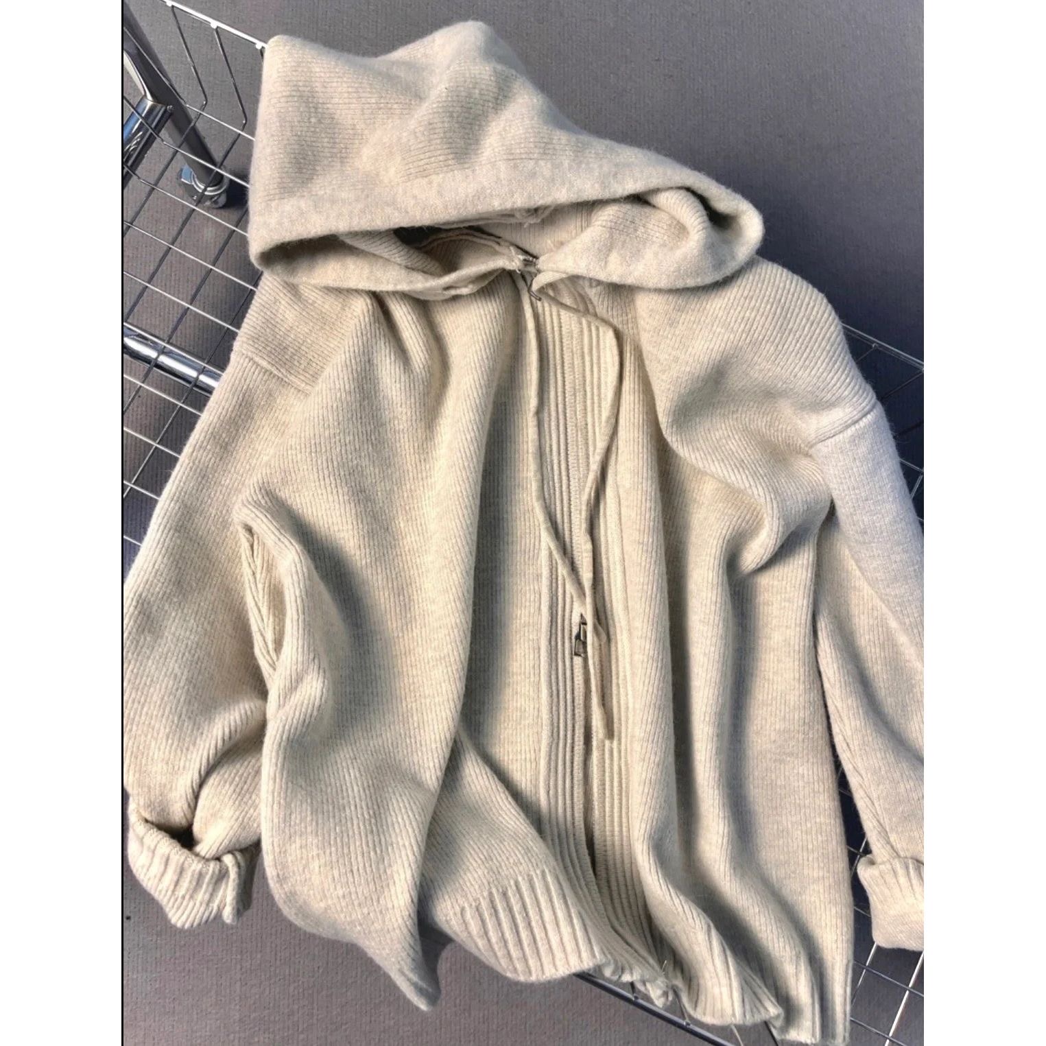 Grey hooded sweater jacket for women, loose outerwear for spring