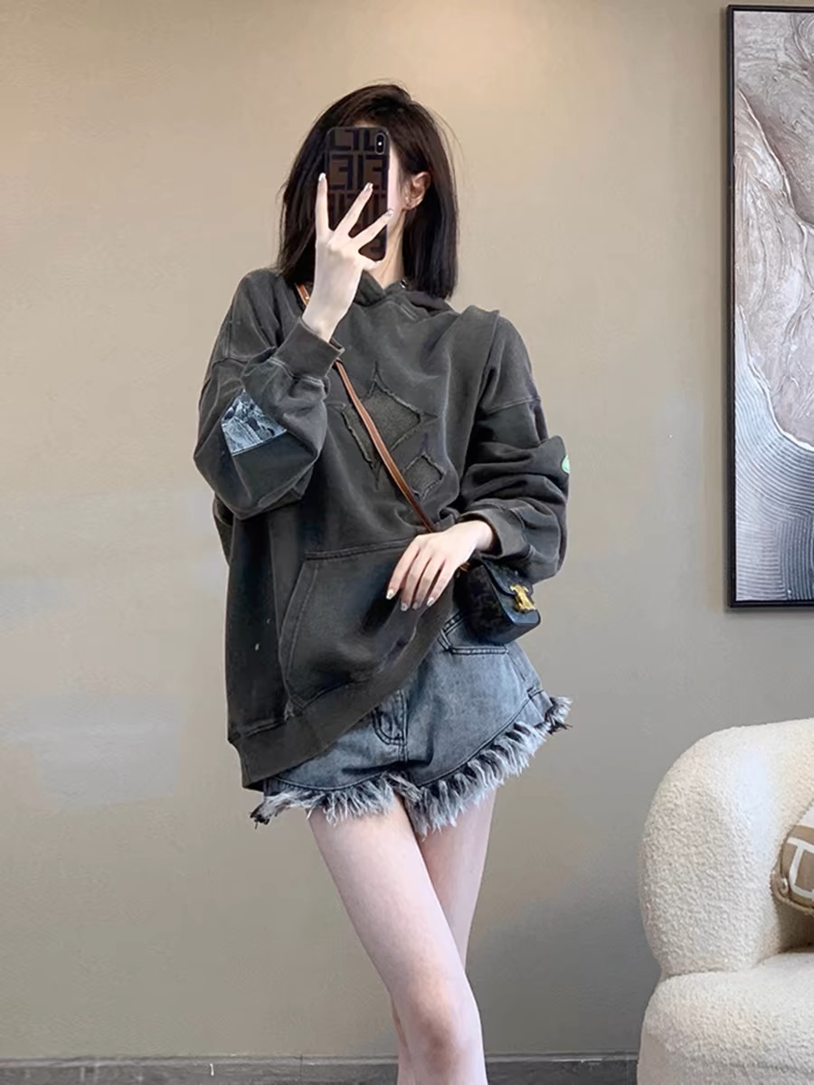 Early autumn retro sweatshirt for women, spring and autumn style, hooded, 2024 new popular American trendy brand, loose jacket, hoodie