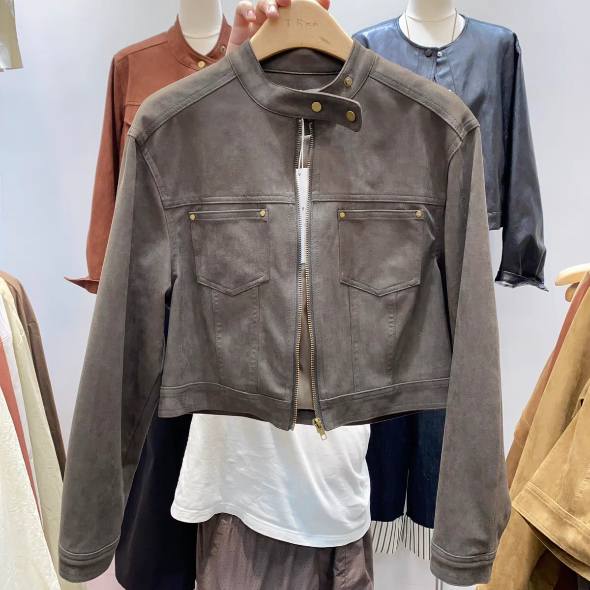 Retro stand-up collar suede short motorcycle jacket for women 2024 autumn and winter new Korean style sweet and cool style small jacket