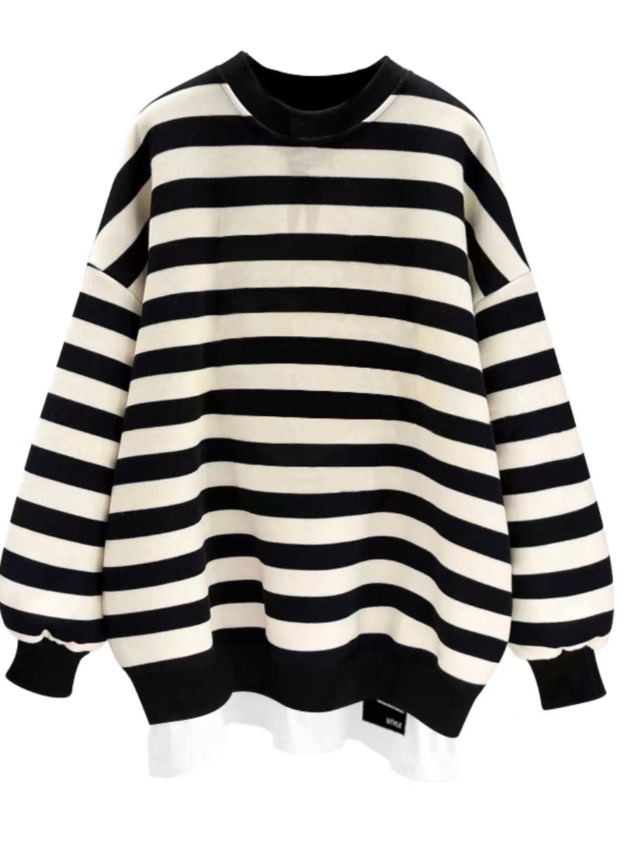 Round neck striped polo neck long-sleeved sweatshirt Spring Hong Kong style niche loose top for women