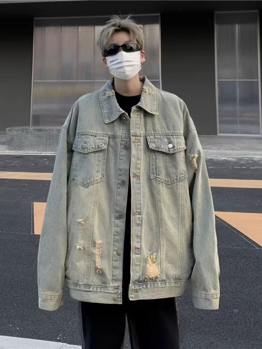 Street American retro distressed denim jackets for men and women, loose and fashionable autumn and winter men's casual ripped jackets and tops