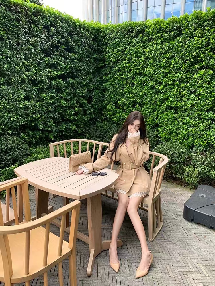 Khaki trench coat for women autumn British style small temperament casual mid-length top