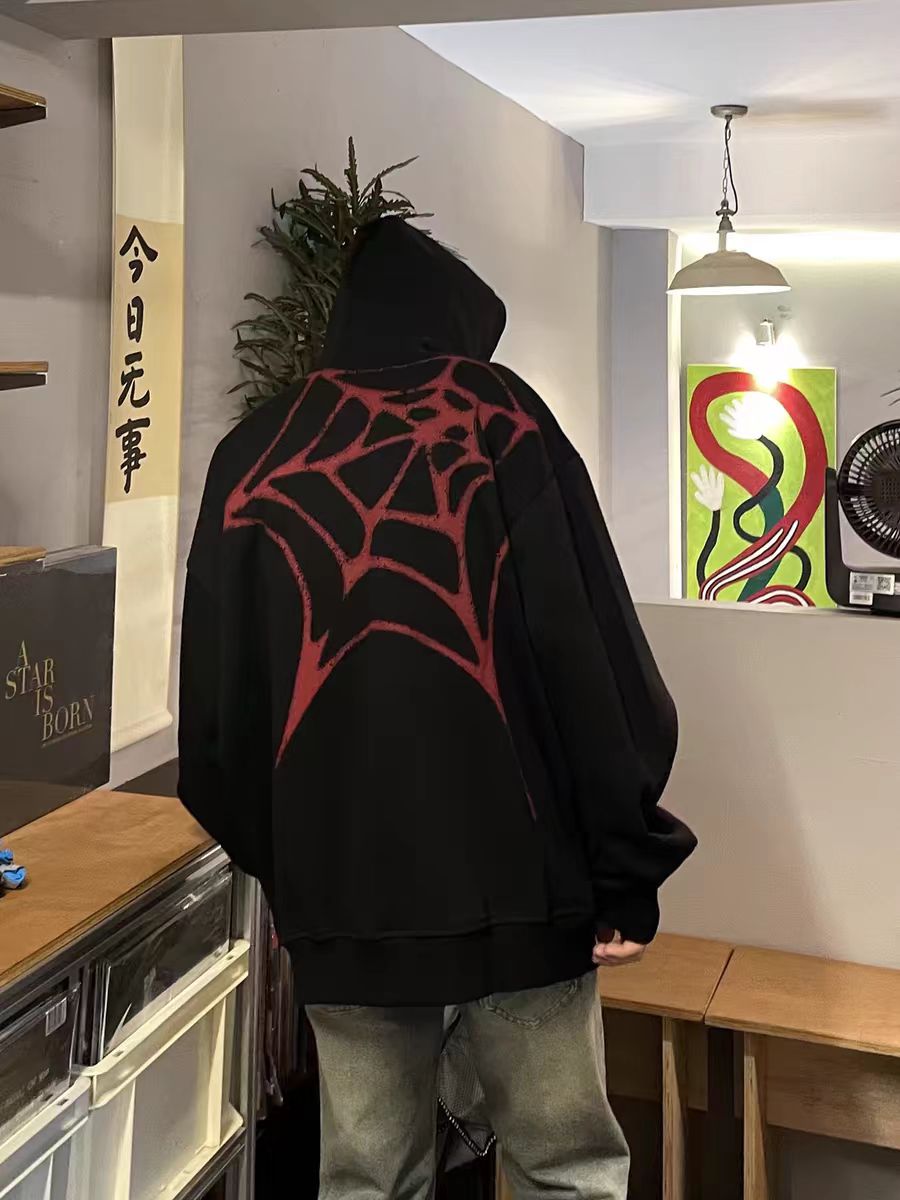 Same style American high street spider flocked hooded sweatshirt for men and women, heavyweight fashion brand jacket