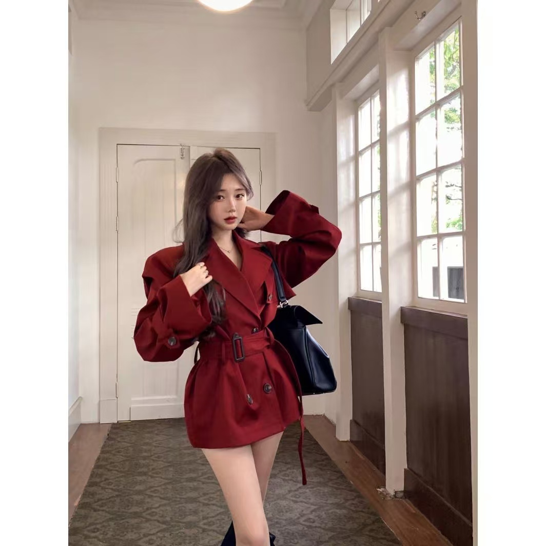 Angola red mid-length windbreaker jacket for women autumn new loose slim double-breasted long-sleeved cardigan top trendy