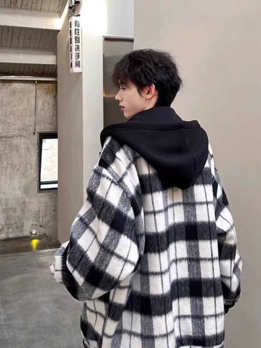 Chanel style black and white plaid woolen coat for men, spring and autumn fake two-piece coat, Korean style hooded jacket, gown