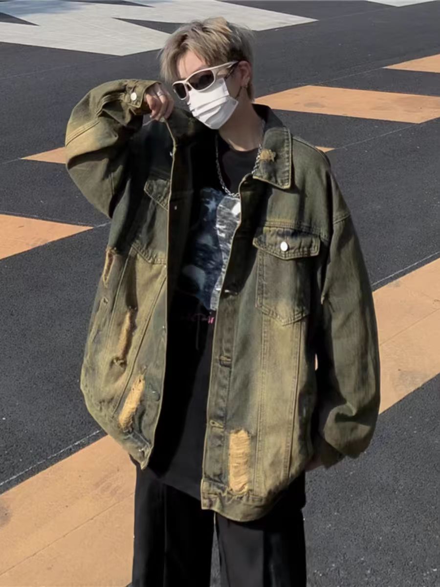 Street American retro distressed denim jackets for men and women, loose and fashionable autumn and winter men's casual ripped jackets and tops