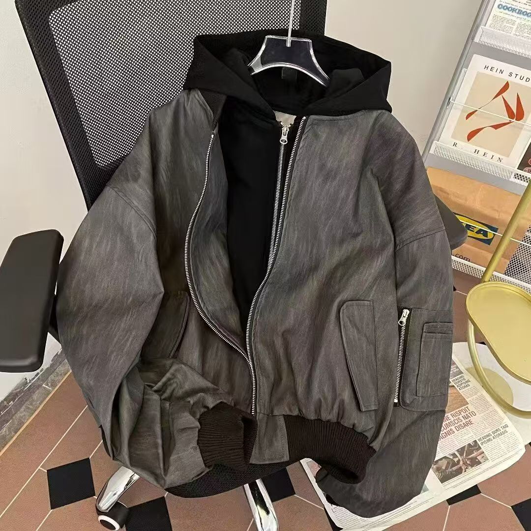 High-grade black and gray textured zipper hooded fake two-piece leather jacket men's street style loose versatile coat pu leather jacket