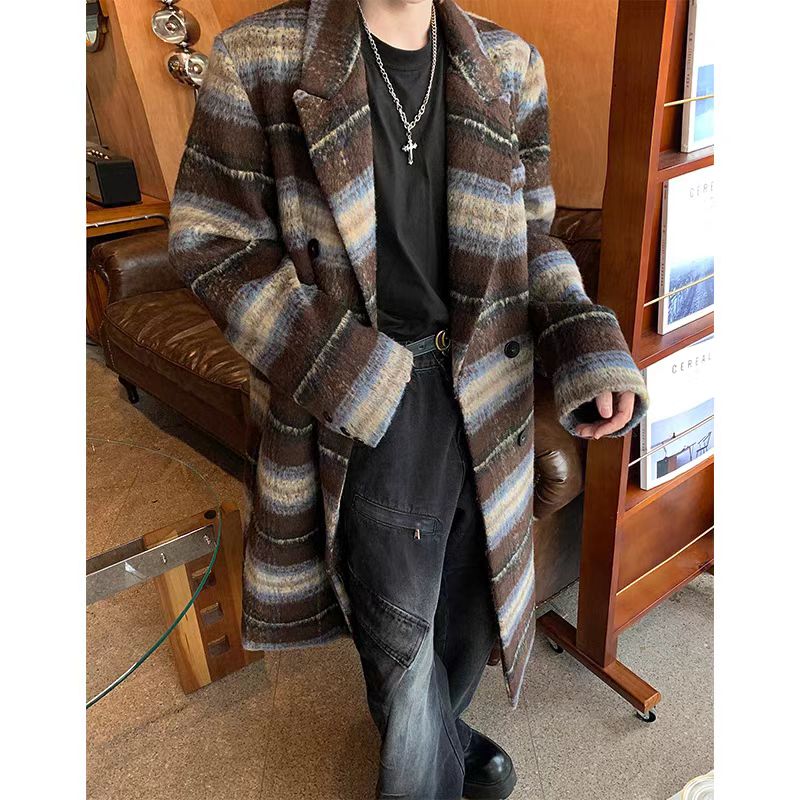 Men's mid-length trench coat for autumn and winter, high-end woolen coat, British style, elegant men's clothing, long double-breasted coat