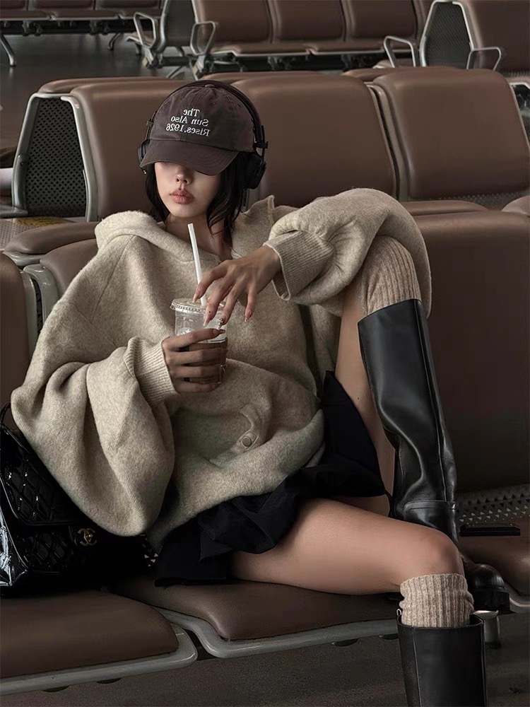 Korean retro khaki hooded top for women, autumn lazy style