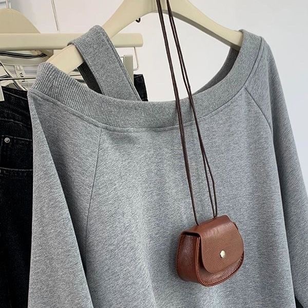 American style grey shoulder strap off-shoulder sweatshirt for women
