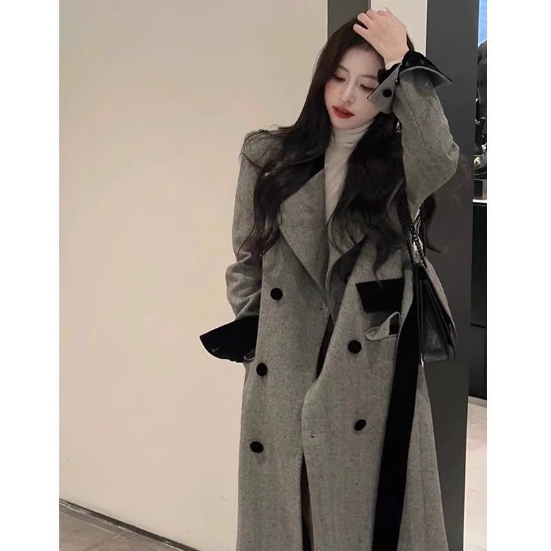 Gray woolen coat for women 2024 autumn and winter woolen coat for small size British style