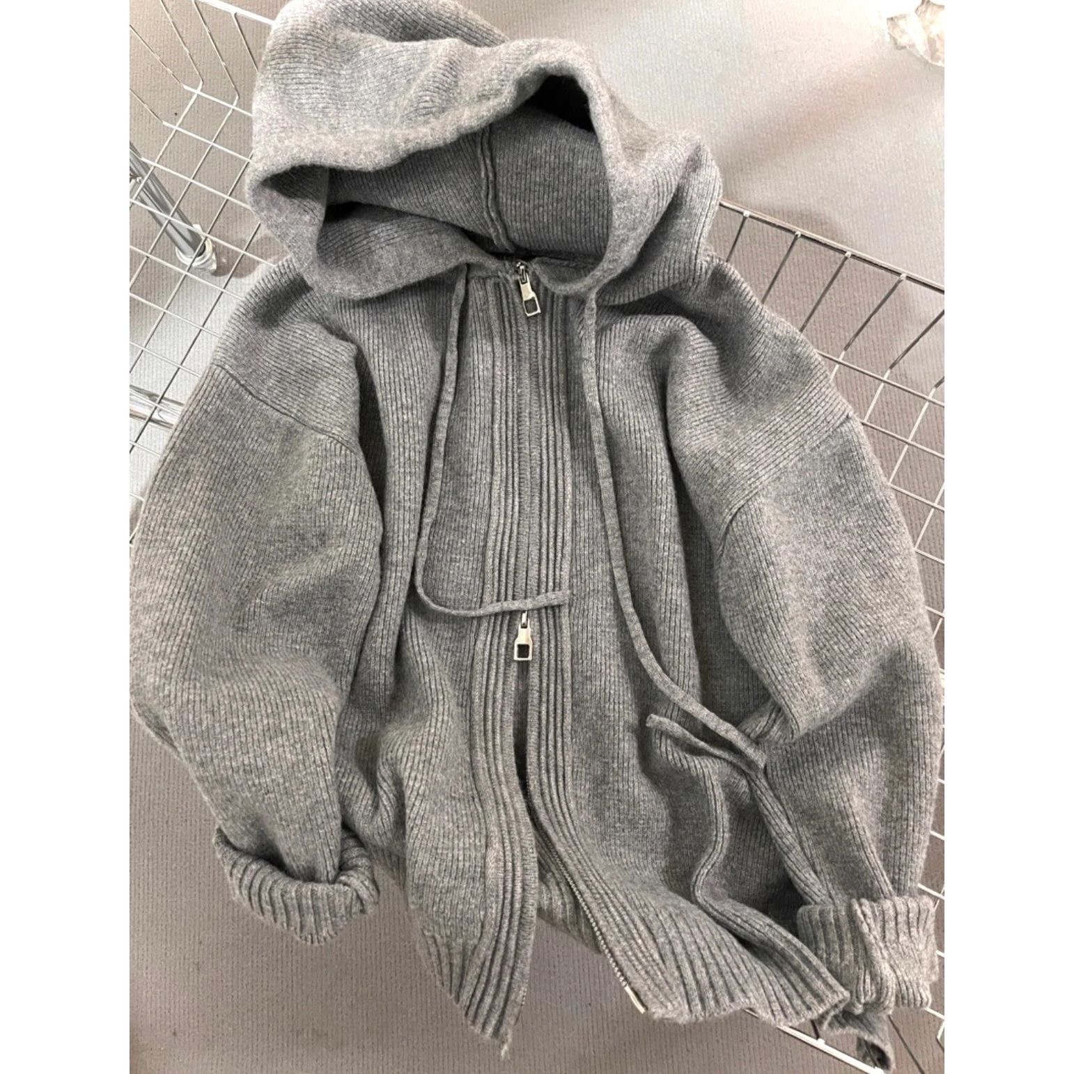 Grey hooded sweater jacket for women, loose outerwear for spring