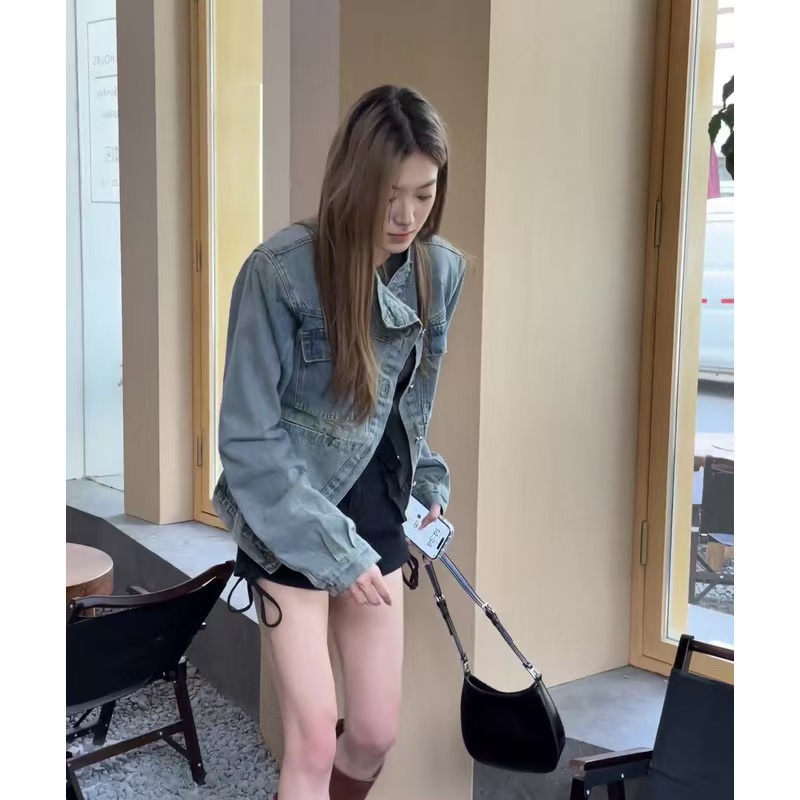 American retro distressed loose long-sleeved denim jacket for women autumn niche design high-end stand collar jacket top