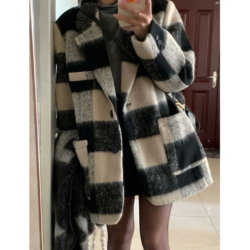 Plaid woolen coat for women 2024 autumn and winter new woolen coat for small size