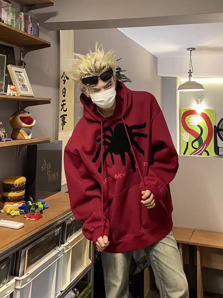 Same style American high street spider flocked hooded sweatshirt for men and women, heavyweight fashion brand jacket