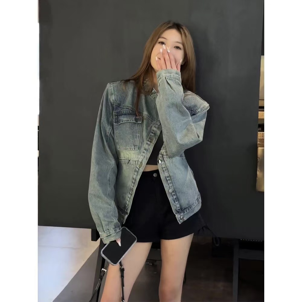 American retro distressed loose long-sleeved denim jacket for women autumn niche design high-end stand collar jacket top
