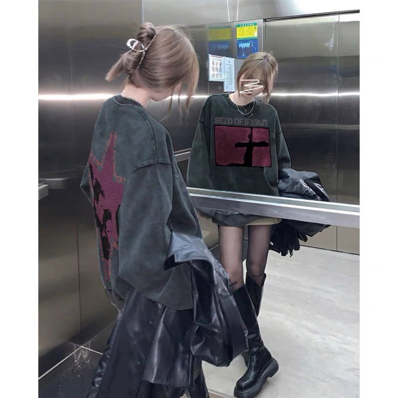 Retro washed old sweater for women spring and autumn new hot style American lazy round neck loose long sleeve top coat winter