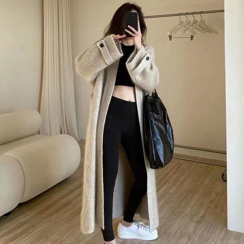 Korean chic French style high-end V-neck soft and skin-friendly knitted cardigan loose over-the-knee long sweater coat for women