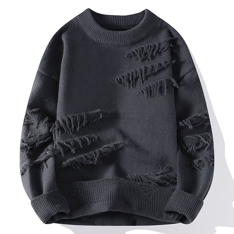 New autumn and winter ripped sweater for men, Japanese vintage fashion brand, loose and warm round neck pullover sweater jacket