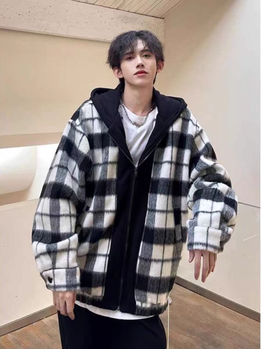 Chanel style black and white plaid woolen coat for men, spring and autumn fake two-piece coat, Korean style hooded jacket, gown