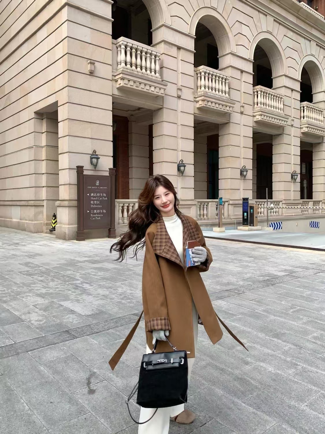 Brown high-end temperament retro woolen stand collar trench coat for women autumn loose mid-length woolen coat