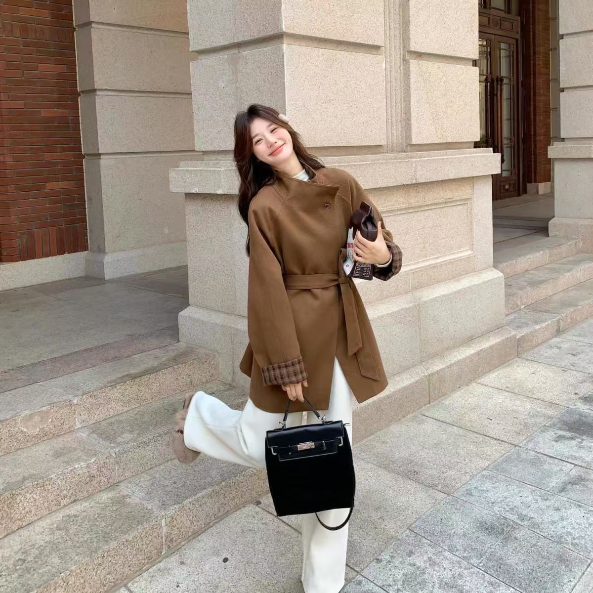 Brown high-end temperament retro woolen stand collar trench coat for women autumn loose mid-length woolen coat