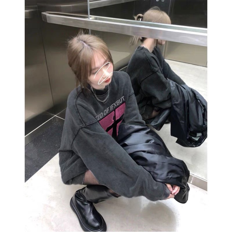 Retro washed old sweater for women spring and autumn new hot style American lazy round neck loose long sleeve top coat winter