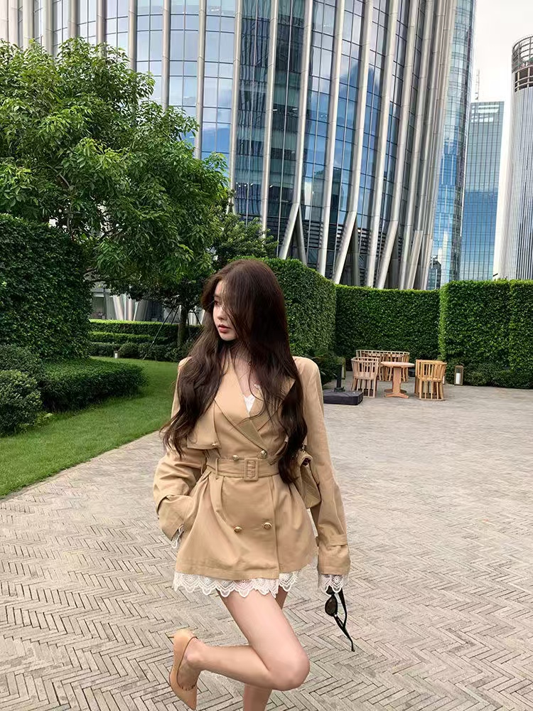 Khaki trench coat for women autumn British style small temperament casual mid-length top