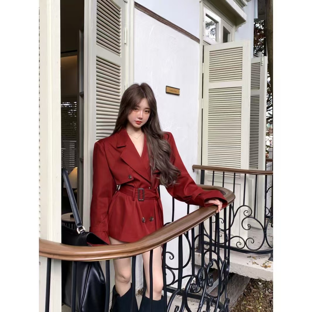 Angola red mid-length windbreaker jacket for women autumn new loose slim double-breasted long-sleeved cardigan top trendy