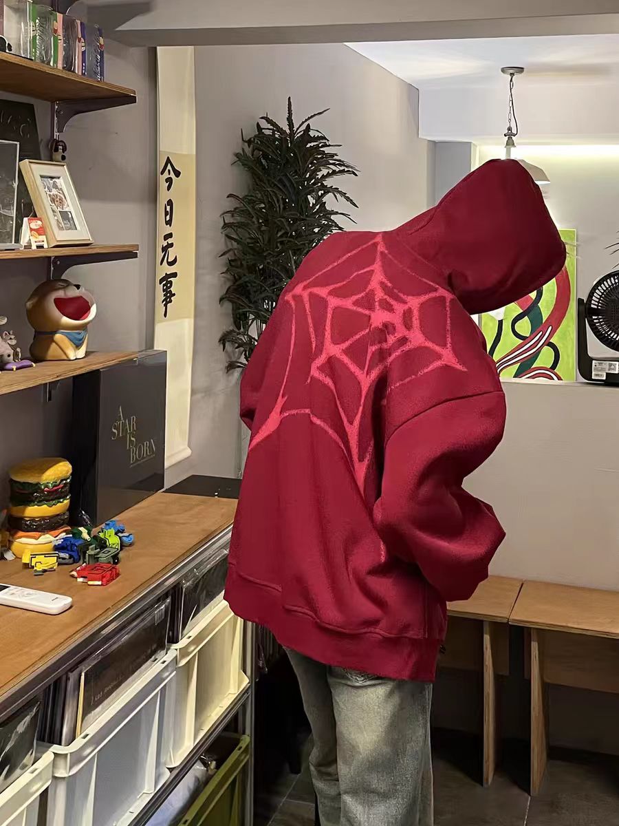 Same style American high street spider flocked hooded sweatshirt for men and women, heavyweight fashion brand jacket