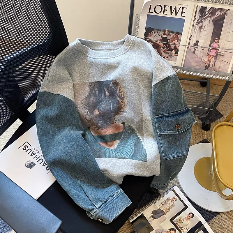 American niche design denim patchwork long-sleeved round-neck sweatshirt for women in autumn and winter, retro loose hoodless pullover top