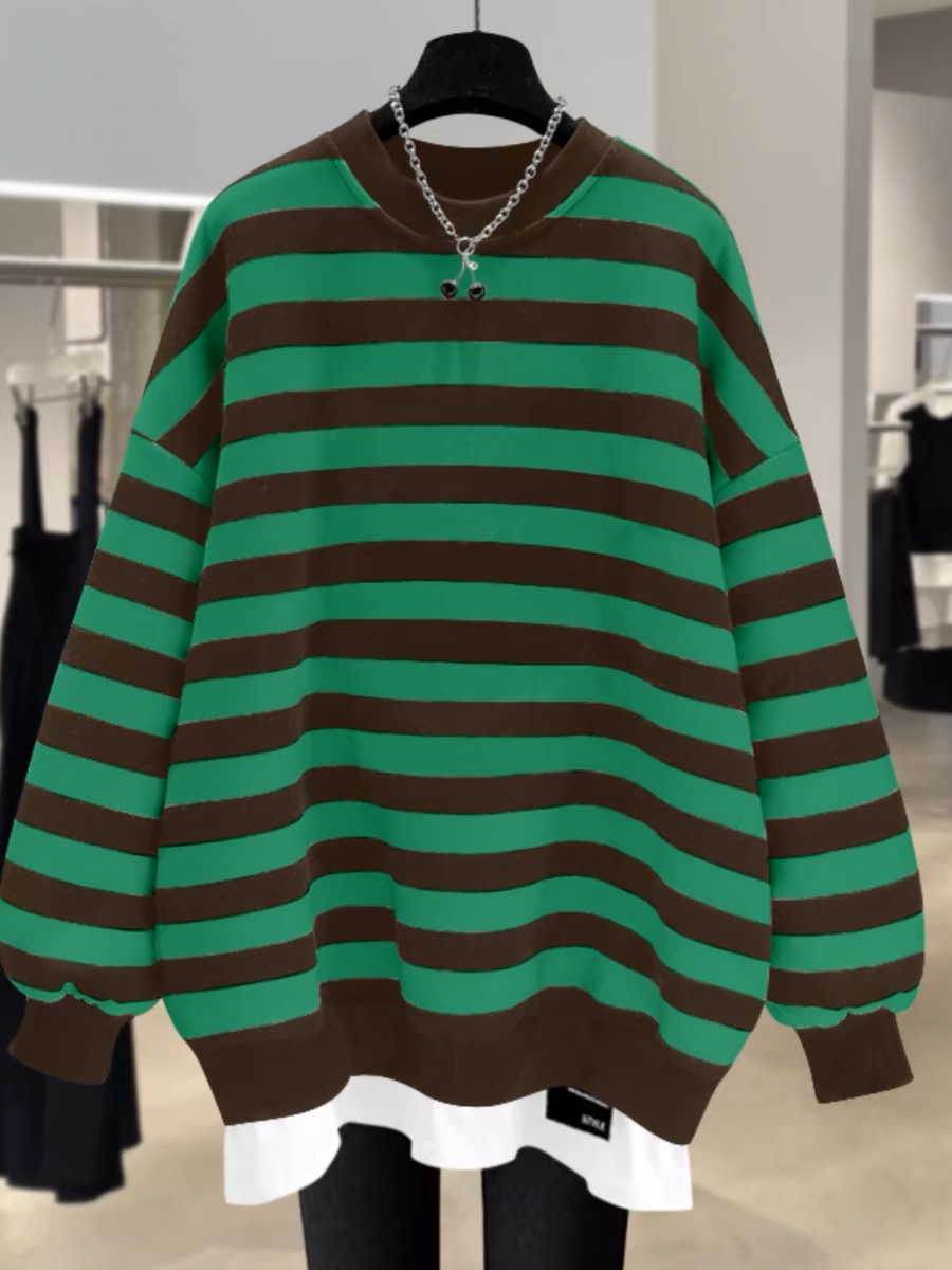 Round neck striped polo neck long-sleeved sweatshirt Spring Hong Kong style niche loose top for women