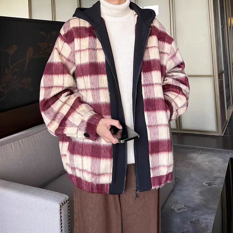 Chanel style black and white plaid woolen coat for men, spring and autumn fake two-piece coat, Korean style hooded jacket, gown