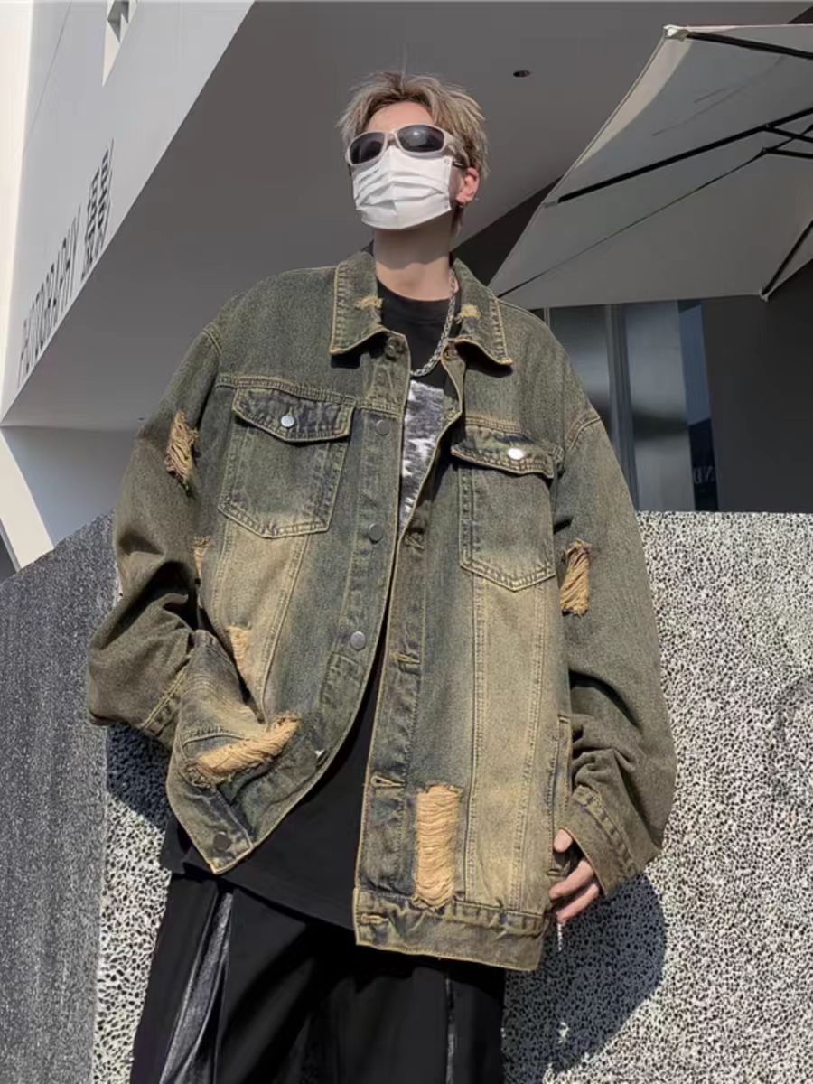 Street American retro distressed denim jackets for men and women, loose and fashionable autumn and winter men's casual ripped jackets and tops