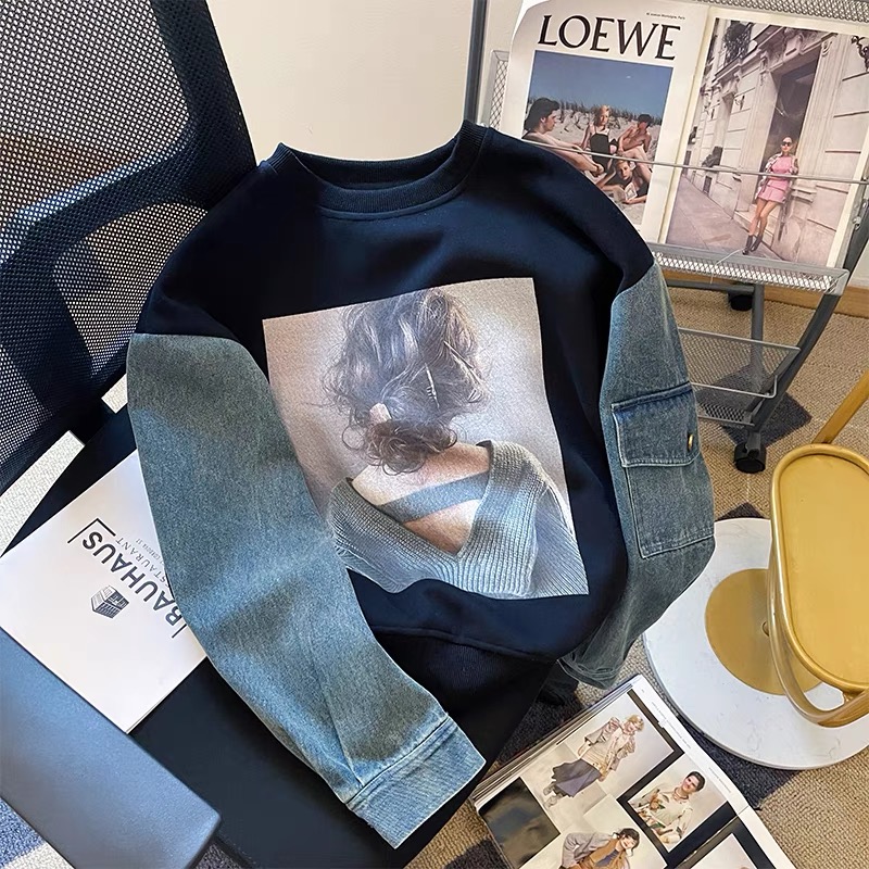 American niche design denim patchwork long-sleeved round-neck sweatshirt for women in autumn and winter, retro loose hoodless pullover top