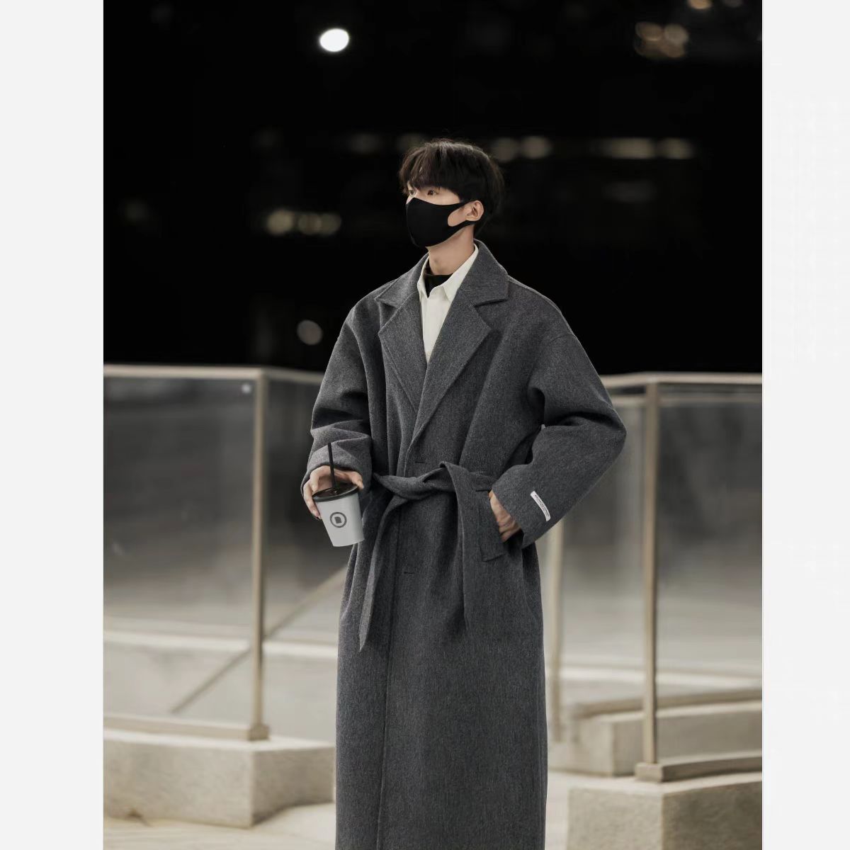 Black mid-length woolen coat for men, autumn and winter American style, British style